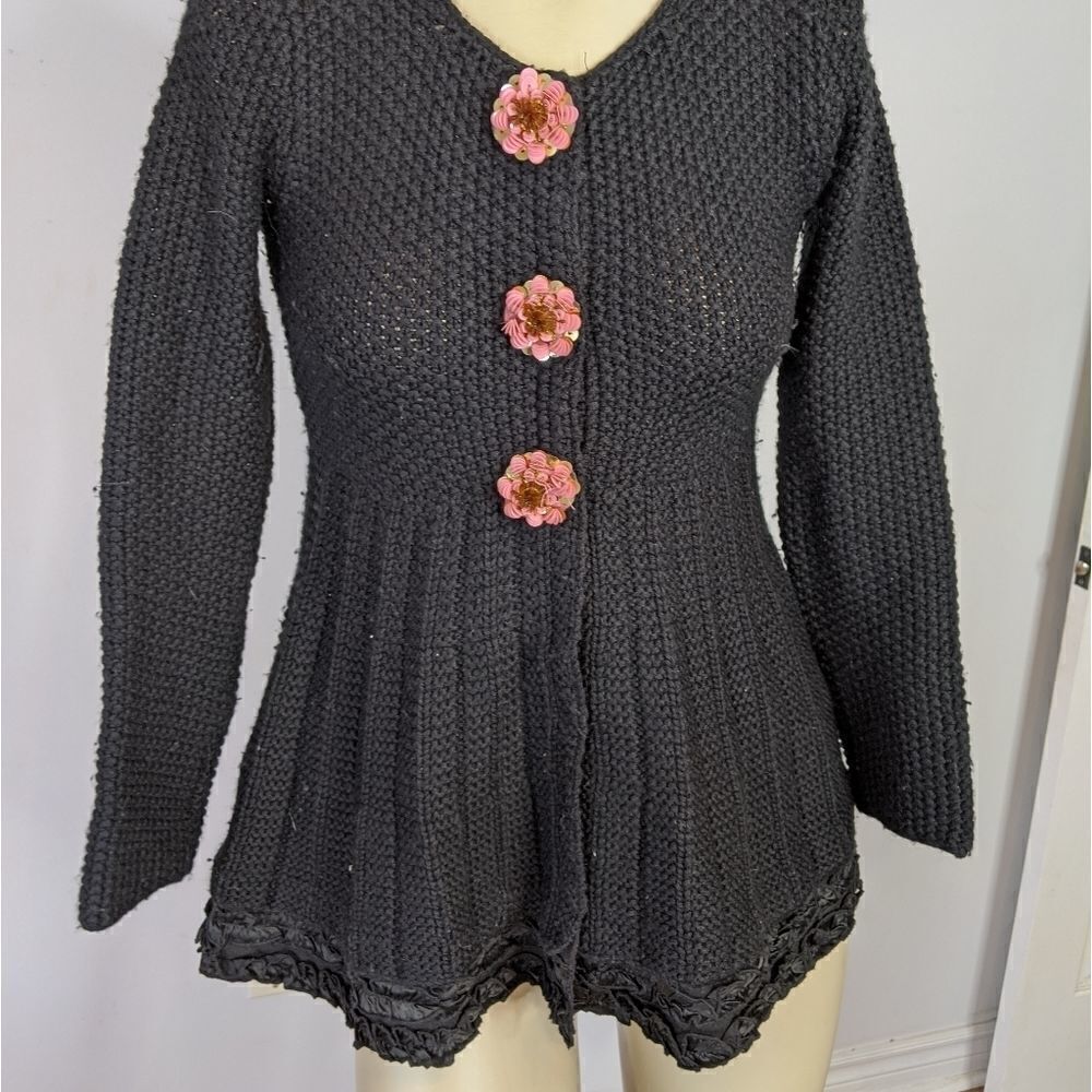 MANOUSH Anthropologie Black Wool Blend Soft Knit sequin Flower Sweater cardigan